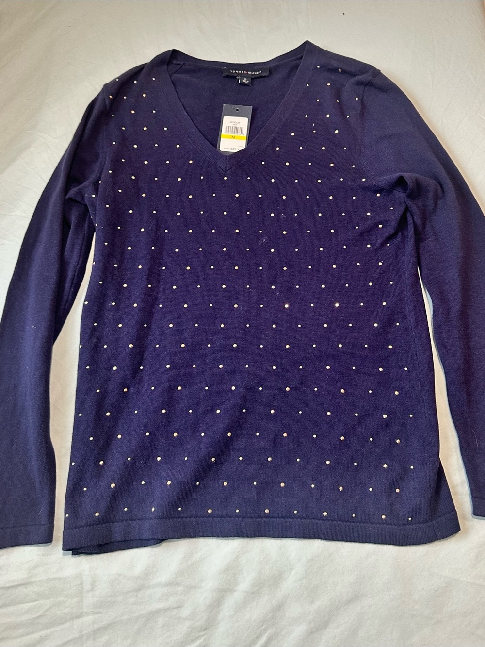 Tommy Hilfiger Navy V-Neck Sweater with Tiny Stud Accent